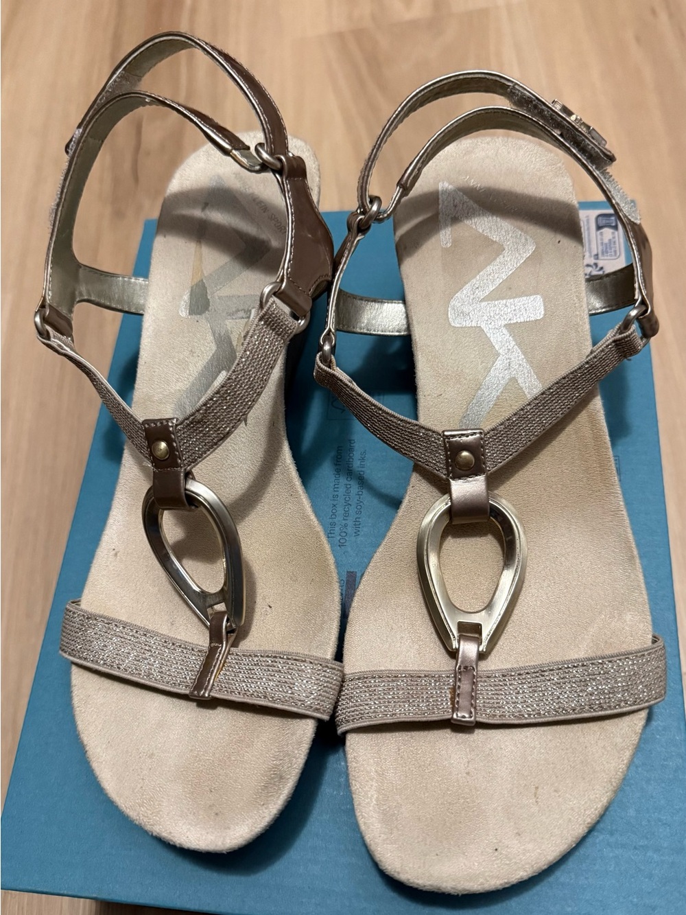 Anne Klein Metallic Taupe T-Strap Sandals with Gold Accent
